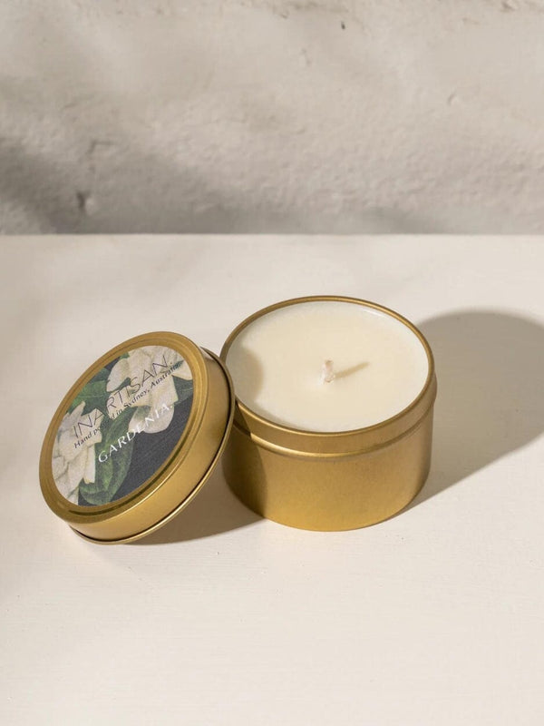 Hand Poured Soy Candle in Travel Tin - Brass - Gardenia CANDLES INARTISAN 